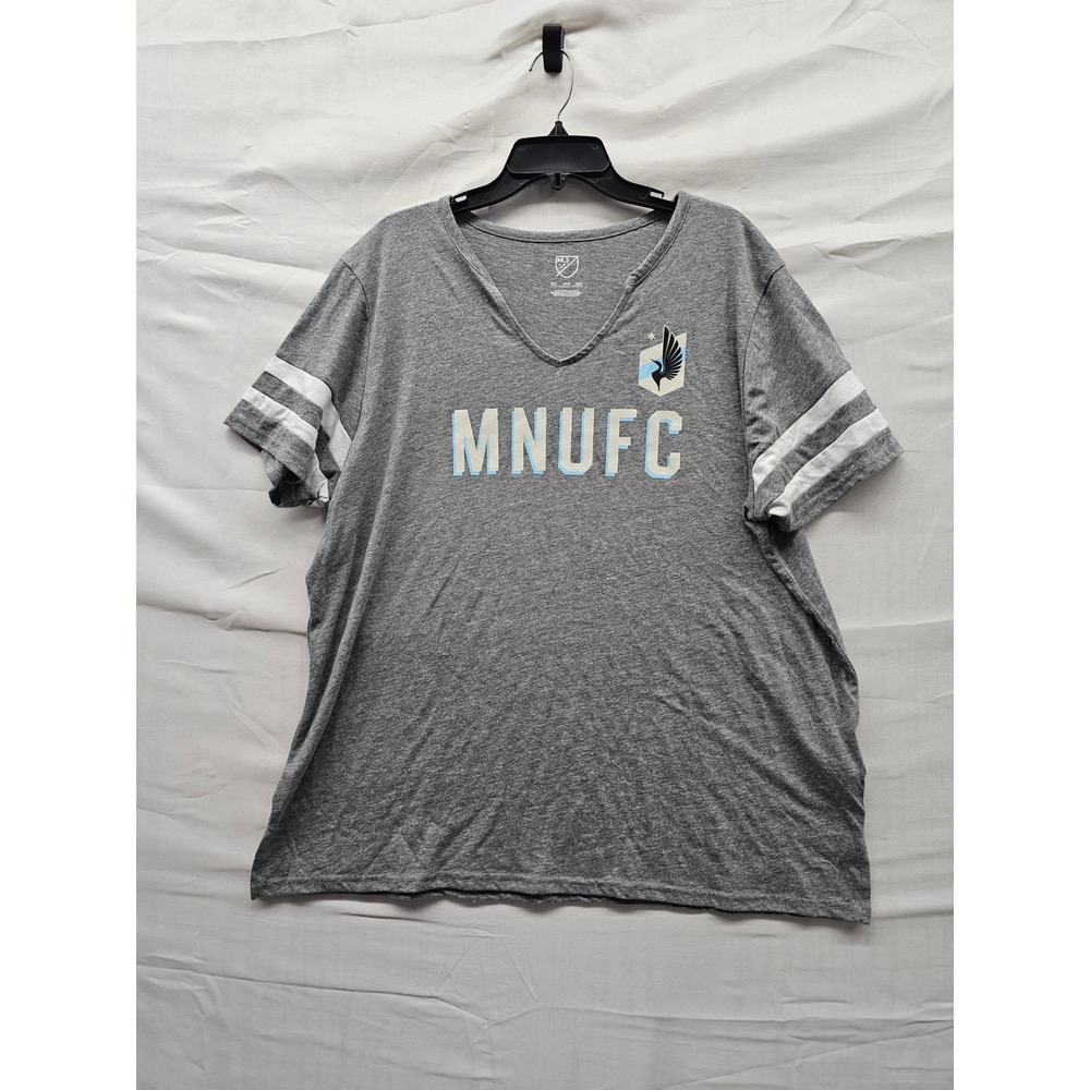 MLS‎ Womens Minnesota United FC V-Neck T-Shirt Gray Cotton Blend Casual Size 2XL